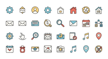 Collection of modern flat line color icons for web design, user interface, and business applications
