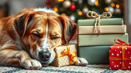 A Genuine Pet Moment: Adorable Dog Sleeping Peacefully Next to a Pile of Beautifully Wrapped Gifts, Perfect for Holiday Designs.