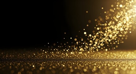 Abstract golden glitter particles cascading and reflecting on a dark surface creating a magical and luxurious atmosphere