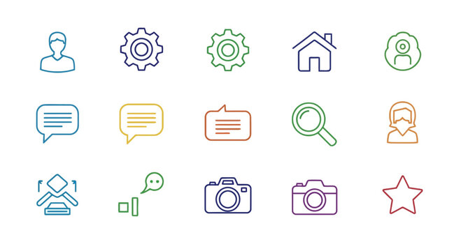 A vibrant collection of colorful outline icons for modern web and mobile application user interfaces, providing diverse graphic elements for digital design projects