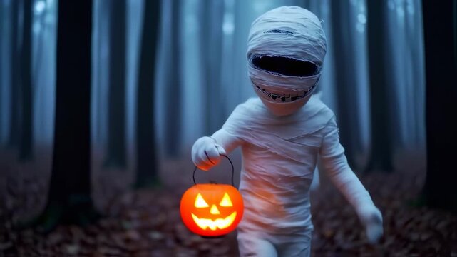 A mummy figure wrapped in bandages stands holding a lantern in a misty forest
