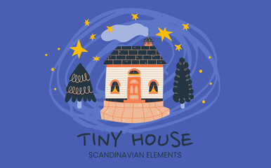 Scandinavian house with tiny trees and smoke under winter stars.