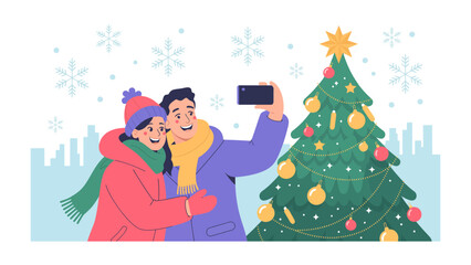 Winter Holiday Memory: A joyous couple captures a festive moment together, taking a selfie in front of a brightly decorated holiday tree. The scene is set in a snowy, winter wonderland.