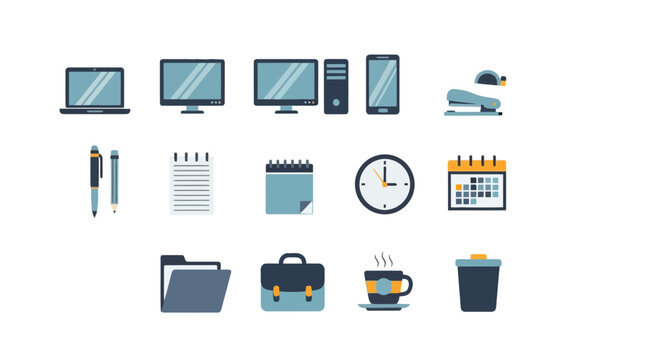 Collection of flat design vector icons for office supplies, business tools, and workspace essentials