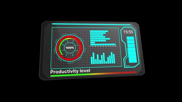hologram tablet metrics, augmented reality display presenting productivity scores and progress graphs