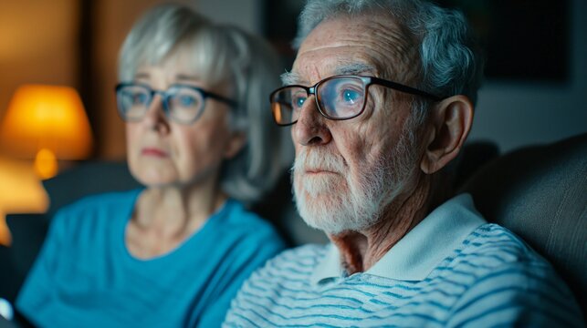 Elderly couple planning retirement investment using tablet under cozy living-room lamp.  - Powered by Adobe