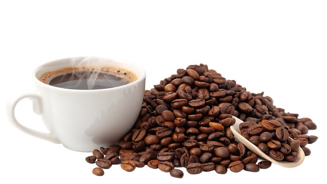 A steaming cup of joe beside a mountain of freshly roasted beans cut out on PNG. AI generated.
