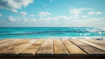 Serene wooden tabletop over a tranquil blue ocean with fluffy clouds under a bright sunny sky, perfect for summer relaxation and vacation inspiration