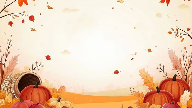 Cute Cartoon Autumn Harvest Background with Pumpkins, Leaves and Cornucopia, Empty Space for Text