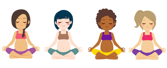 Yogi diverse women group of young sporty people practicing yoga doing Padmasana exercise on Lotus pose. Working out isolated wellness concept