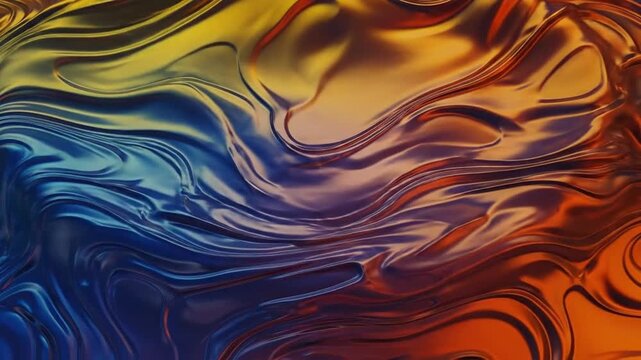 Abstract Liquid Metal Swirls With Blue Yellow And Orange Colors And Chrome Reflection