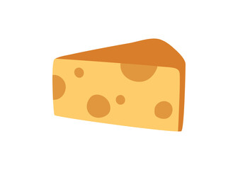 Cheese with holes, Swiss dairy produce icon. Emmental wedge piece, cut chunk, slice. Gourmet snack, porous product, triangle delicatessen. Flat vector illustration isolated on white background