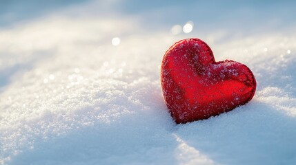 Fototapeta premium Red Heart Shaped Decoration on Snowy Surface Sparkling with Glimmering Light in Winter Wonderland Atmosphere Capturing Love and Warmth of the Season