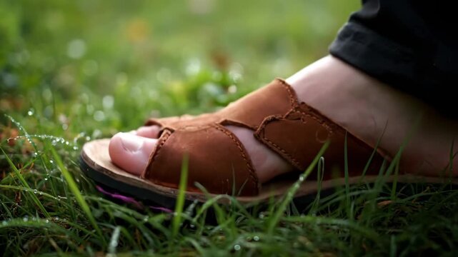 Moment of trampling as sandal presses fragile flower, natural textures and shallow depth highlight vulnerability of nature.