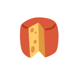 Swiss cheese wheel with cut piece, wedge. Dairy product icon, food with holes and wax rind. Gourmet emmental, Dutch Holland snack, produce. Flat vector illustration isolated on white background