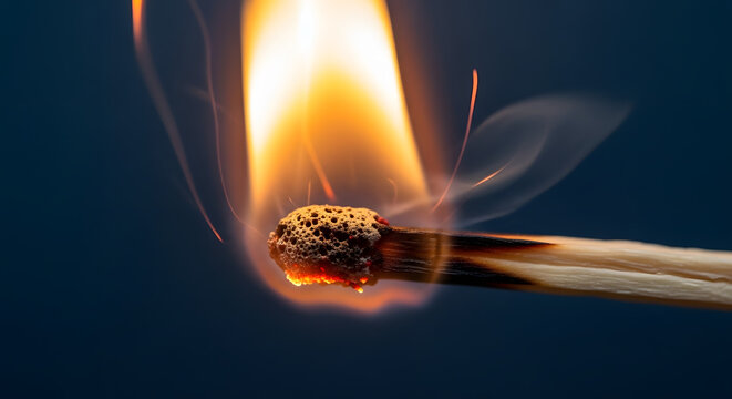 Close-up match burning with orange blue flame