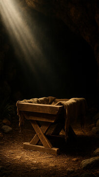 A rustic wooden manger with burlap cloth standing in a rocky cave, illuminated by warm rays of light. Conceptual Christian nativity background symbolizing the birth of Jesus Christ, hope and Christmas