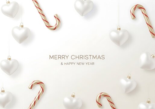 Elegant christmas background with candy canes and heart shaped ornaments