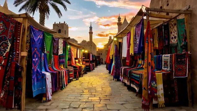 Colorful textile market alley at sunset full of rugs and fabric stalls outdoors