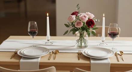 Elegant dining table setup with wine and floral centerpiece