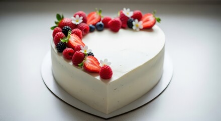 Heart cake decorated with assorted fresh berries and flowers