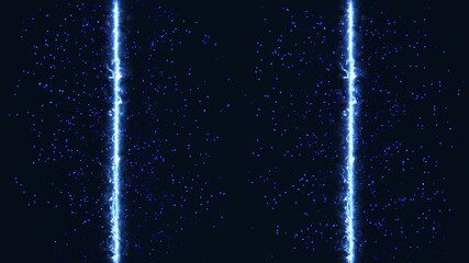 Two vertical streams of bright electric blue energy pulse on a dark background, surrounded by floating glowing particles. Dynamic sci-fi light effect. Technology intros, futuristic backgrounds. - Powered by Adobe