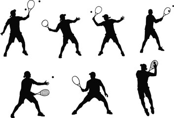 Tennis player silhouettes, forehand stroke, backhand motion, racket action, sport vector, black design, dynamic pose, ball hit, athletic stance