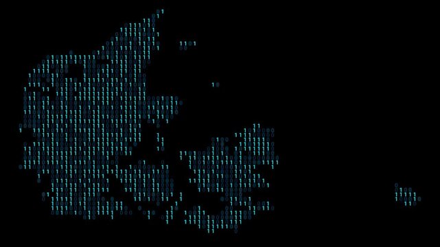 Denmark Binary code map animation, Digital data visualization, alpha layer