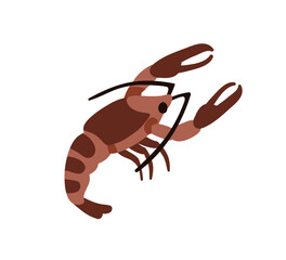 Crayfish with claws. Lobster, seafood. Marine crustacean, sea food. Exotic aquatic water and underwater animal, crawfish. Fresh protein eating. Flat vector illustration isolated on white background