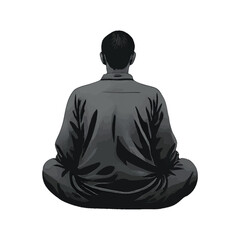 Ink painting of meditating buddhist monk, view from the back. Traditional oriental ink painting sumi-e, u-sin, go-hua on white background.