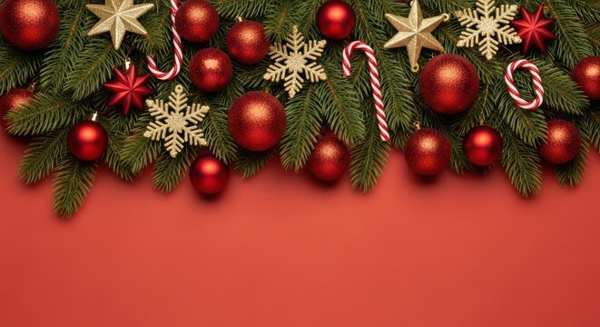 Christmas decoration featuring red ornaments, candy canes, golden stars and snowflakes on green pine branches against a red background.
