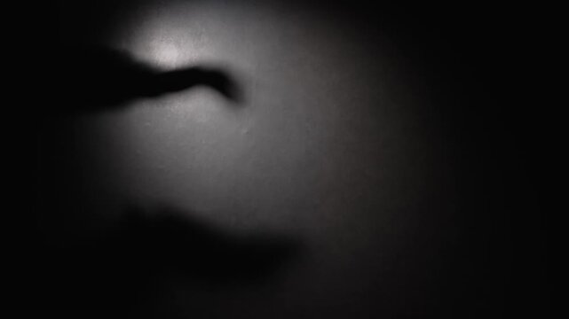 The shadow of a man's clapping hands on a wall by lamplight in a dark room. The silhouette of a mysterious stranger's hands, clapping slowly and sarcastically.