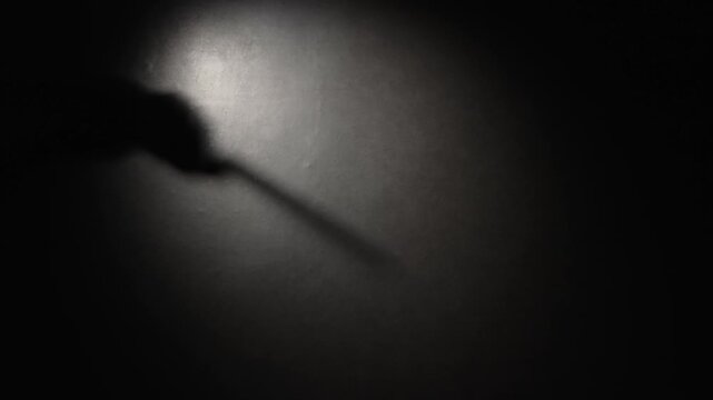 Silhouette shadow of a man with a knife on the wall, close-up. Creepy blurry killer knife silhouette in hand of maniac.