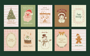Vintage Christmas banner set in pencil chalk drawing style. Cozy festive posters with gifts, gingerbread man, Christmas tree, snowman. Retro New Year vector design for greeting cards and party invitat