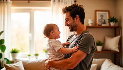 Joyful father smiling while holding baby in a cozy living room  