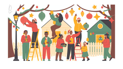 Joyful Neighbors Adorning their Neighborhood for Christmas: A communal spirit fills the air as neighbors gather outdoors to decorate their houses, trees.