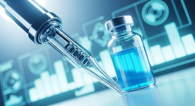 Close up of vaccine vial and needle with data charts in background