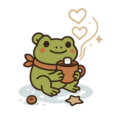 Fototapeta premium Cute Winter Frog with Hot Chocolate and Hearts Illustration