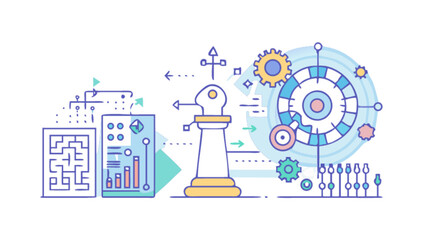Business strategy and planning with chess piece and gears for success and growth and development