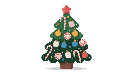 Festive Adornment: A whimsically decorated Christmas tree, adorned with candy canes, ornaments, and a radiant star atop, stands as a joyful symbol of holiday cheer.