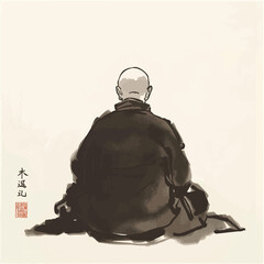 Ink painting of meditating buddhist monk, view from the back. Traditional oriental ink painting sumi-e, u-sin, go-hua on white background.