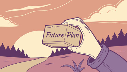 Future planning and strategy concept with hand holding box in outdoor landscape scene at sunset