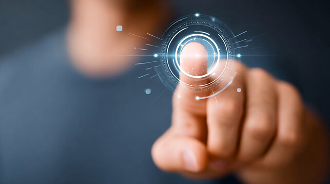 Dedo tocando interfaz digital futurista para identificaci&oacute;n o acceso biom&eacute;trico
