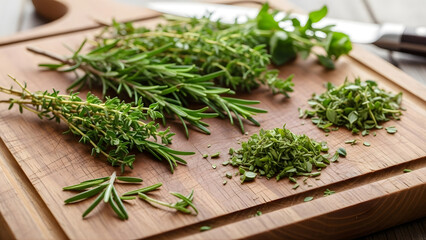 Fresh herbs rosemary thyme and basil prepared on a wooden cutting board