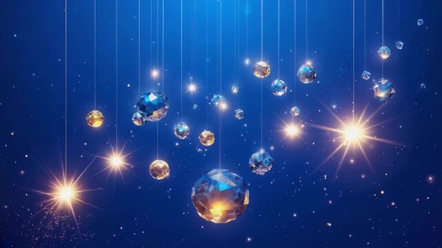 Elegant Blue Background with Hanging Golden and Diamond Crystals. Magical Sparkling Animation for Christmas, Awards, or Weddings.