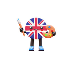 Cute 3D United Kingdom flag mascot holding paintbrush and color palette symbolizing creativity, design, and art.