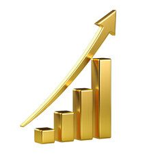 Golden Bar Chart with Upward Arrow Illustrating Financial Growth and Success Isolated on a Transparent Background