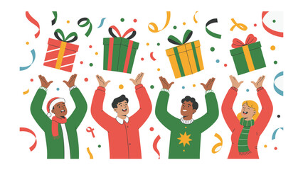 Joyful Gift-Giving: A lively group of people joyfully celebrates with colorful presents, streamers creating a vibrant and festive atmosphere.