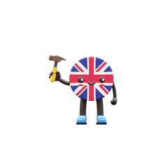 Cute 3D United Kingdom flag mascot wearing helmet holding hammer representing construction and repair work.