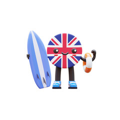 Cute 3D United Kingdom flag mascot holding a surfboard and lifebuoy representing summer, vacation, and beach safety.